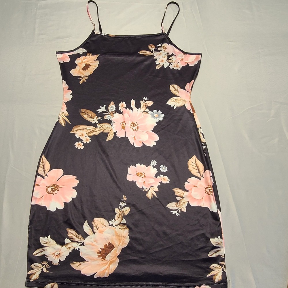 Unbranded Floral Bodycon Dress Womens Large Black Pink Mini Spaghetti Strap Y2K